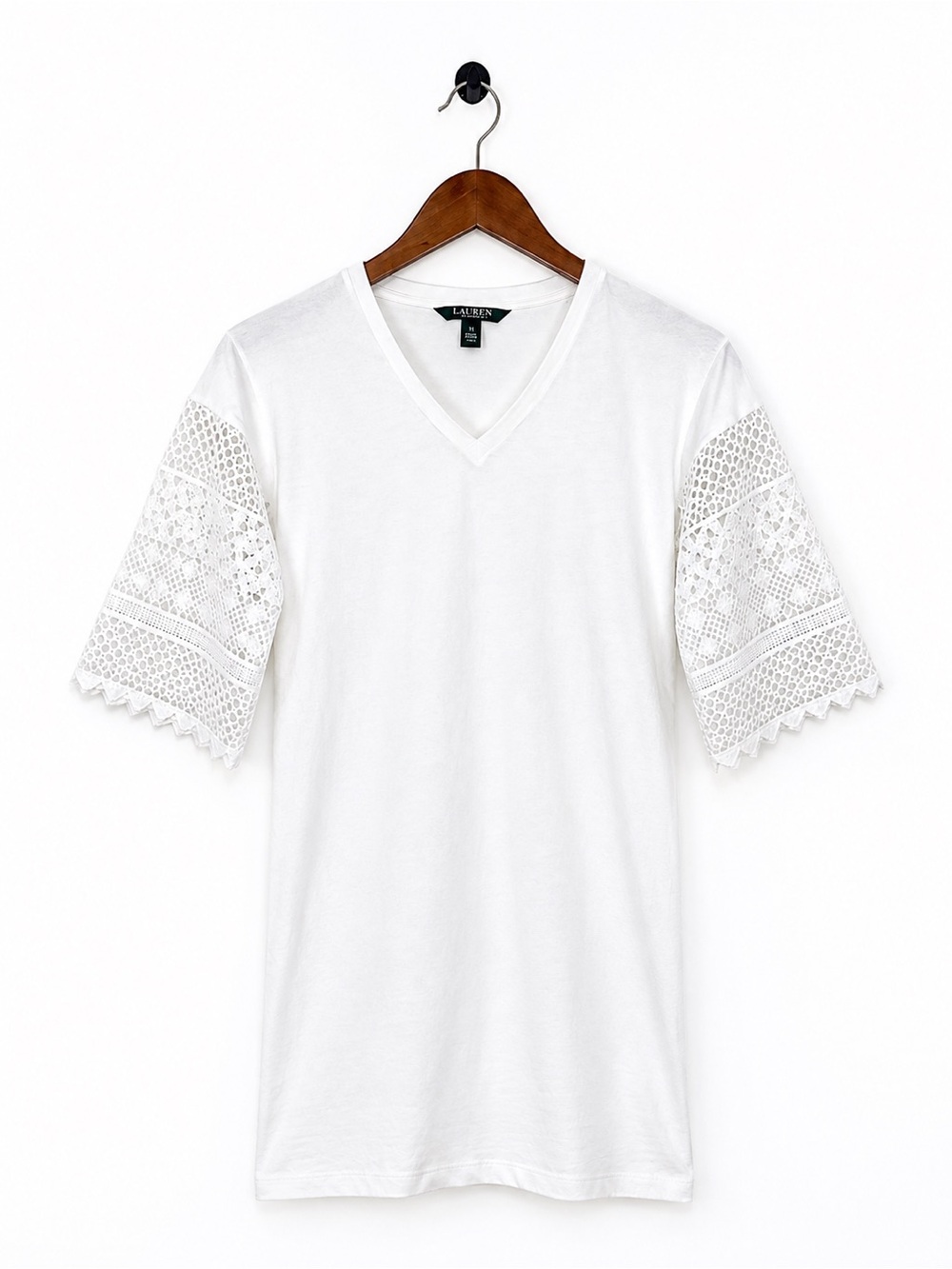 Lauren Ralph Lauren Women’s XS White Lace Crochet Sleeve V Neck T-Shirt Dress